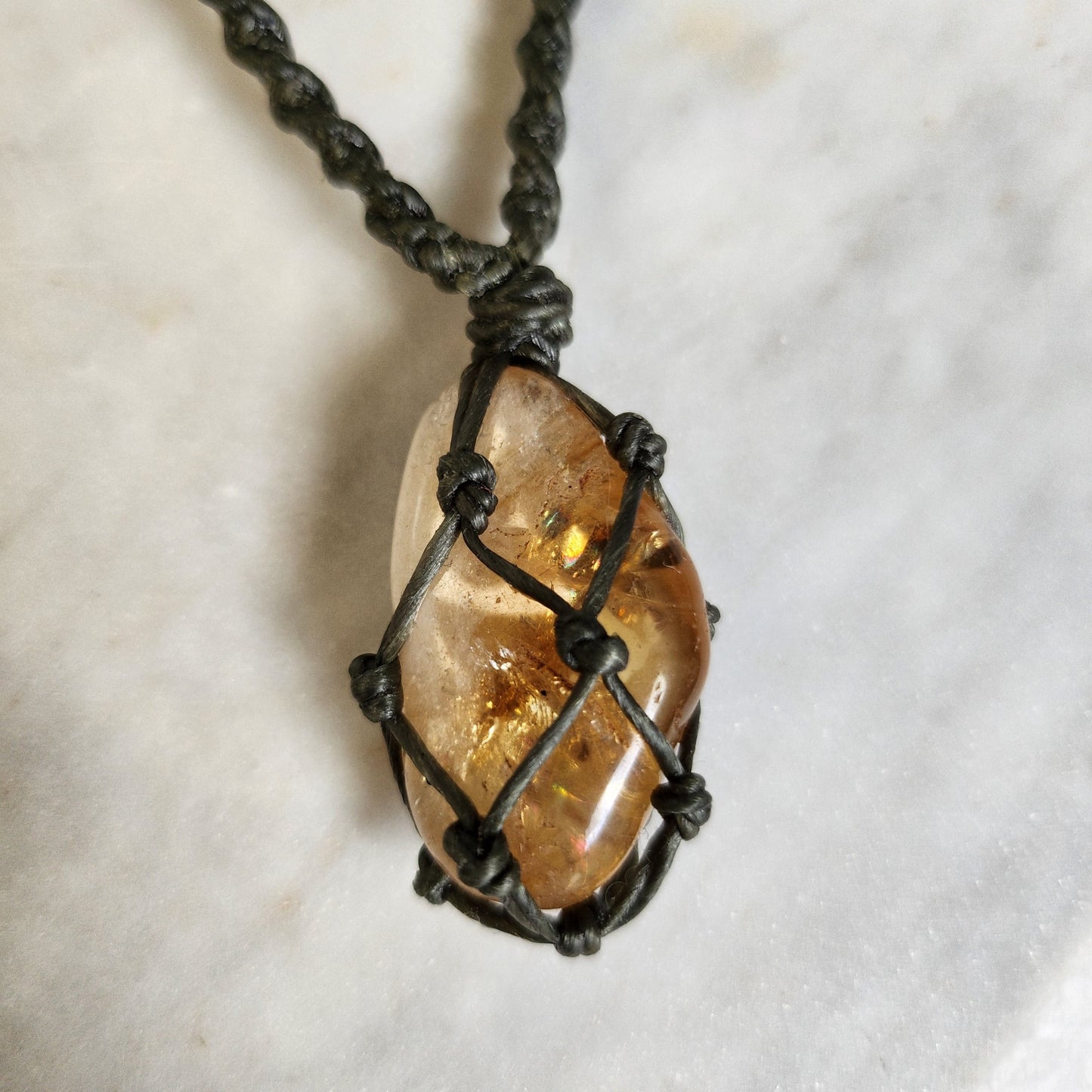 Citrine crystal handmade macrame necklace with dark green cord