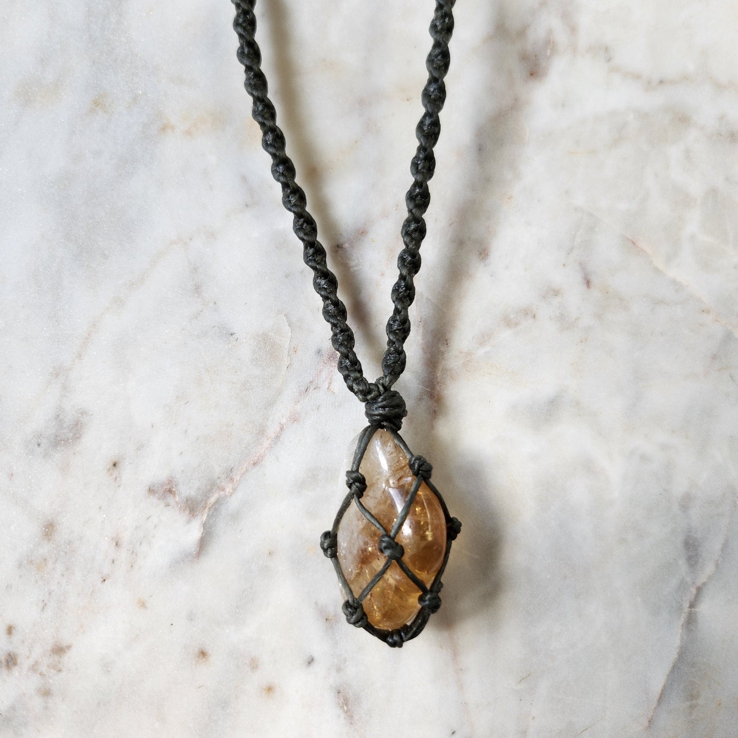 Citrine crystal handmade macrame necklace with dark green cord