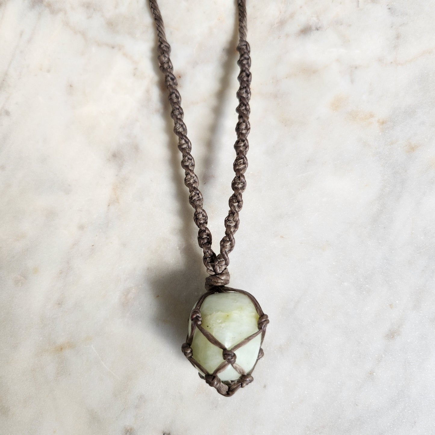 Jade crystal handmade macrame necklace with beige/grey cord