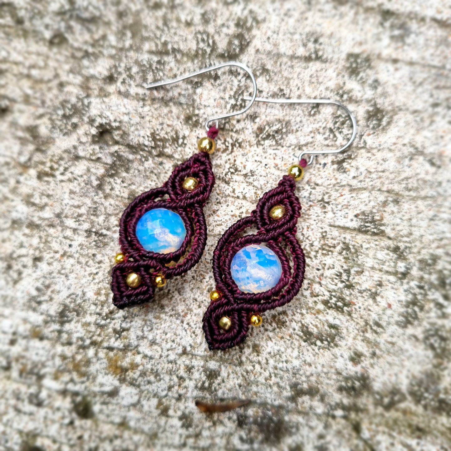 Handmade macrame earrings, deep red with rainbow Opalite beads