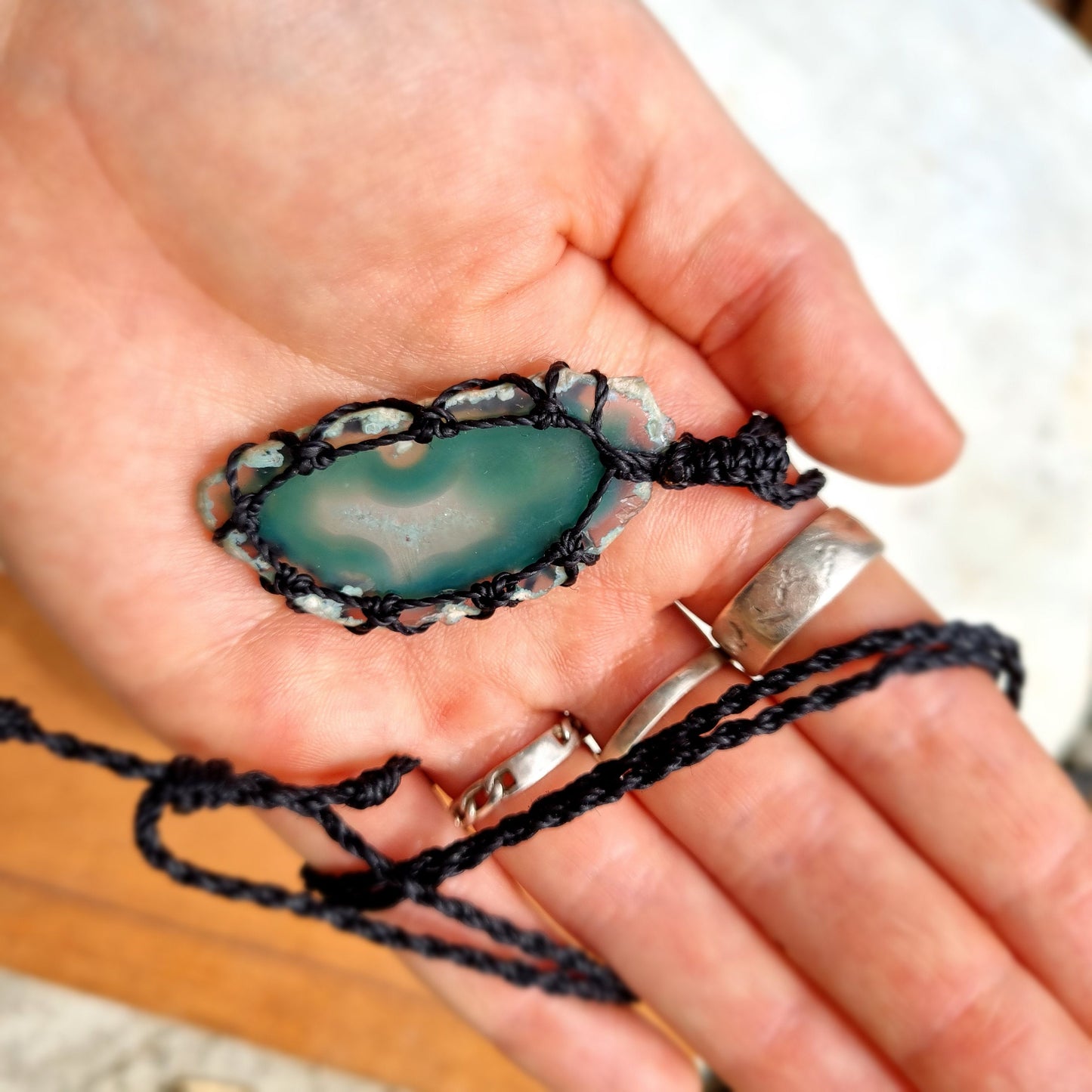 Green sliced agate crystal handmade macrame necklace