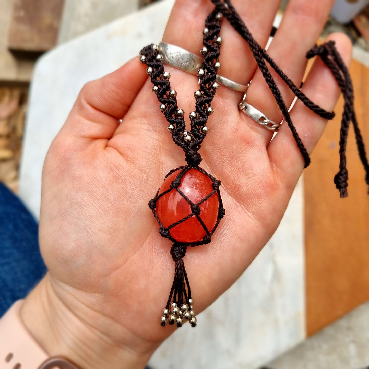 Strawberry quartz handmade macrame necklace