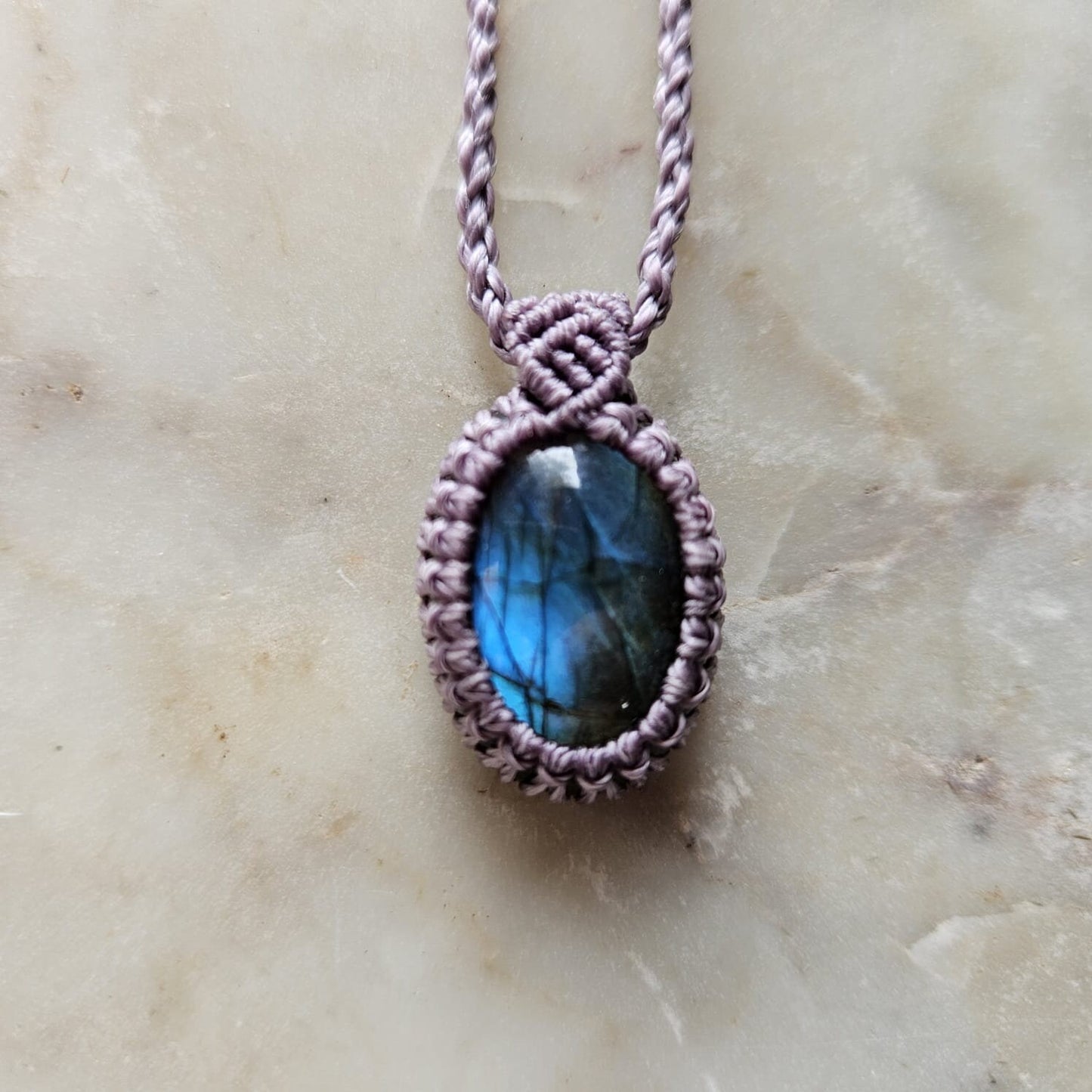 Blue flash labradorite gemstone crystal macrame necklace