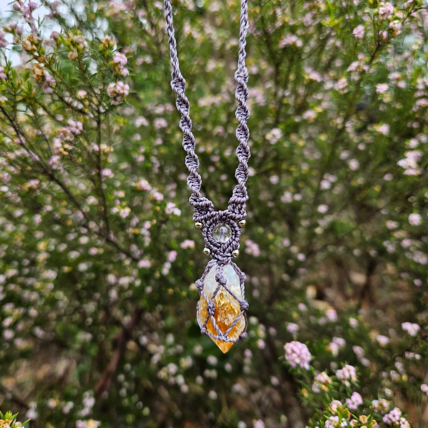 Rough citrine point crystal macrame necklace with dusty purple cord