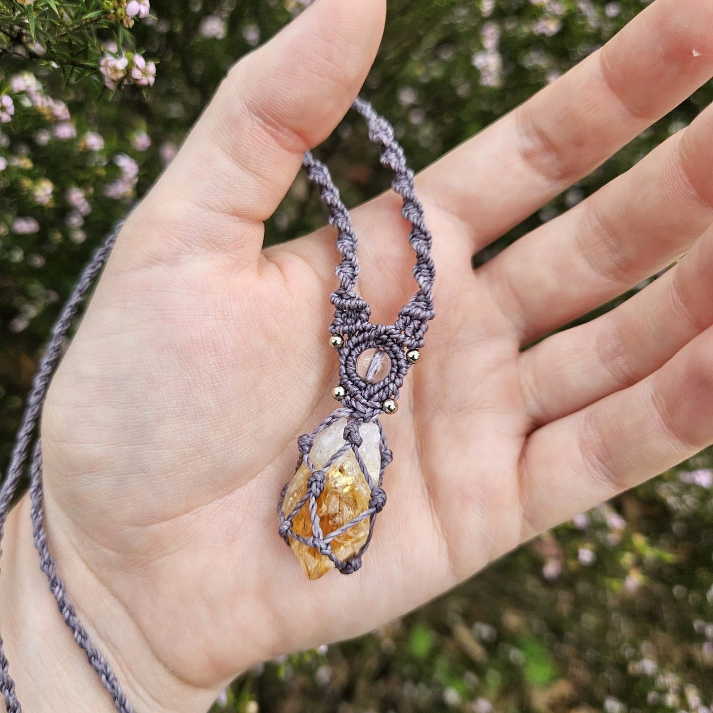 Rough citrine point crystal macrame necklace with dusty purple cord
