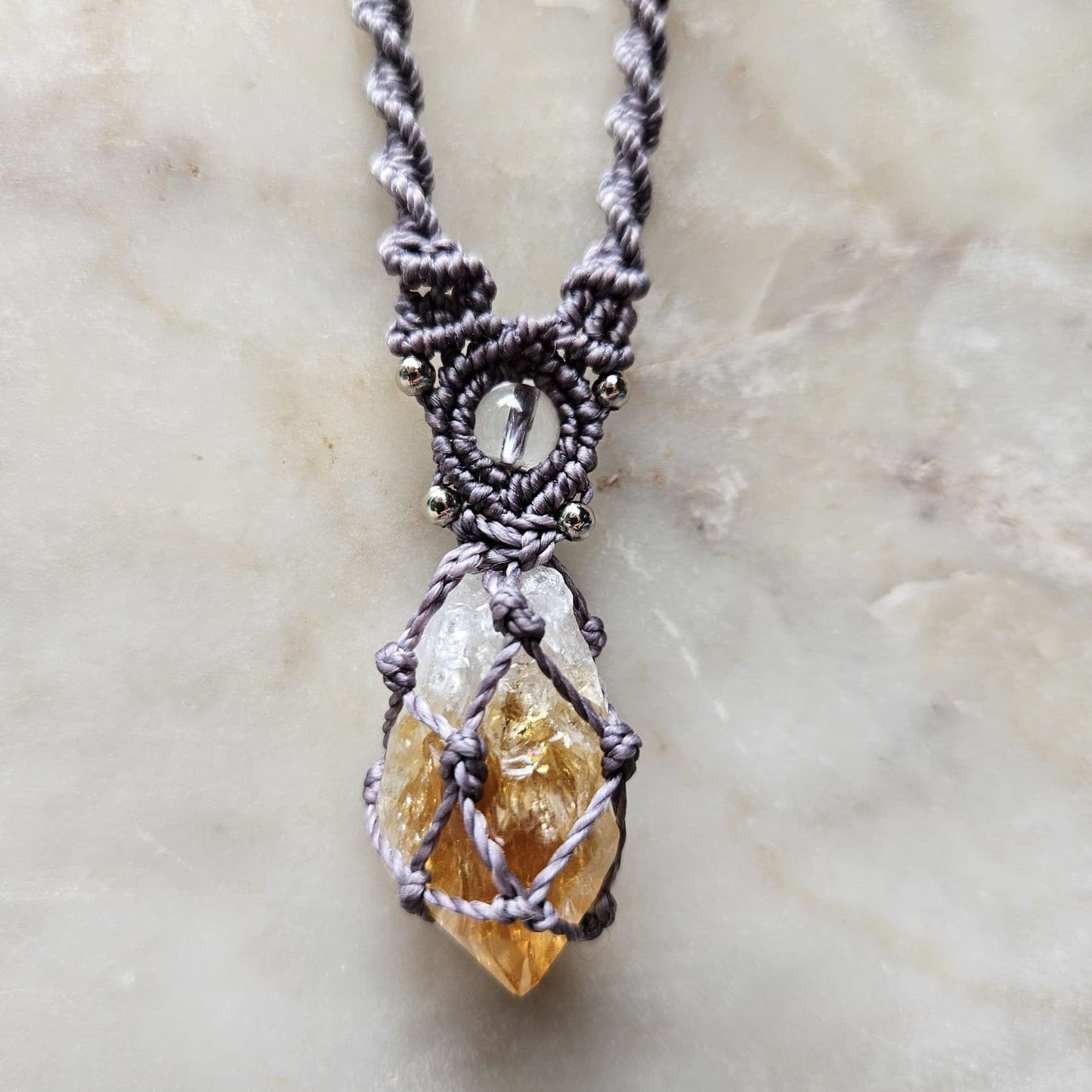 Rough citrine point crystal macrame necklace with dusty purple cord