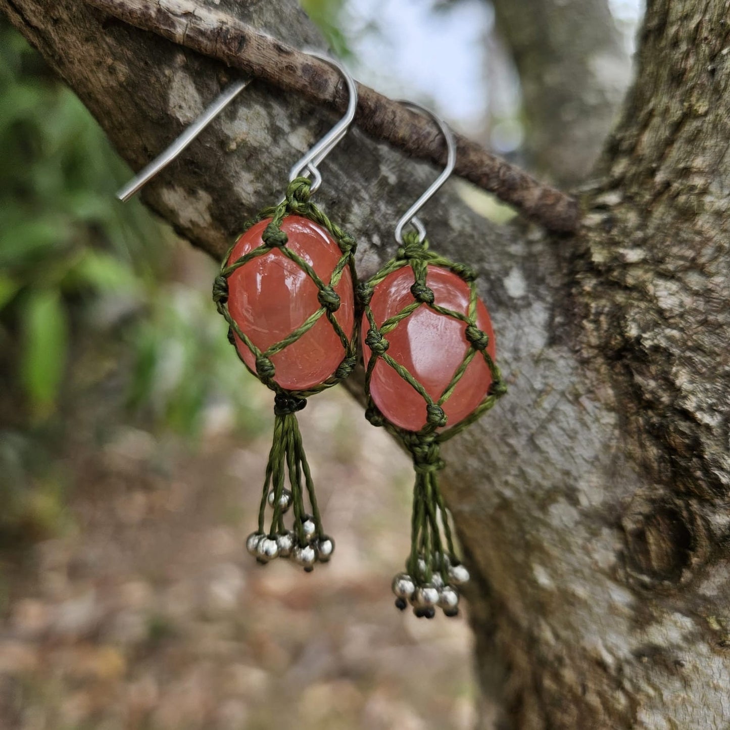 Strawberry quartz crystal macrame earrings