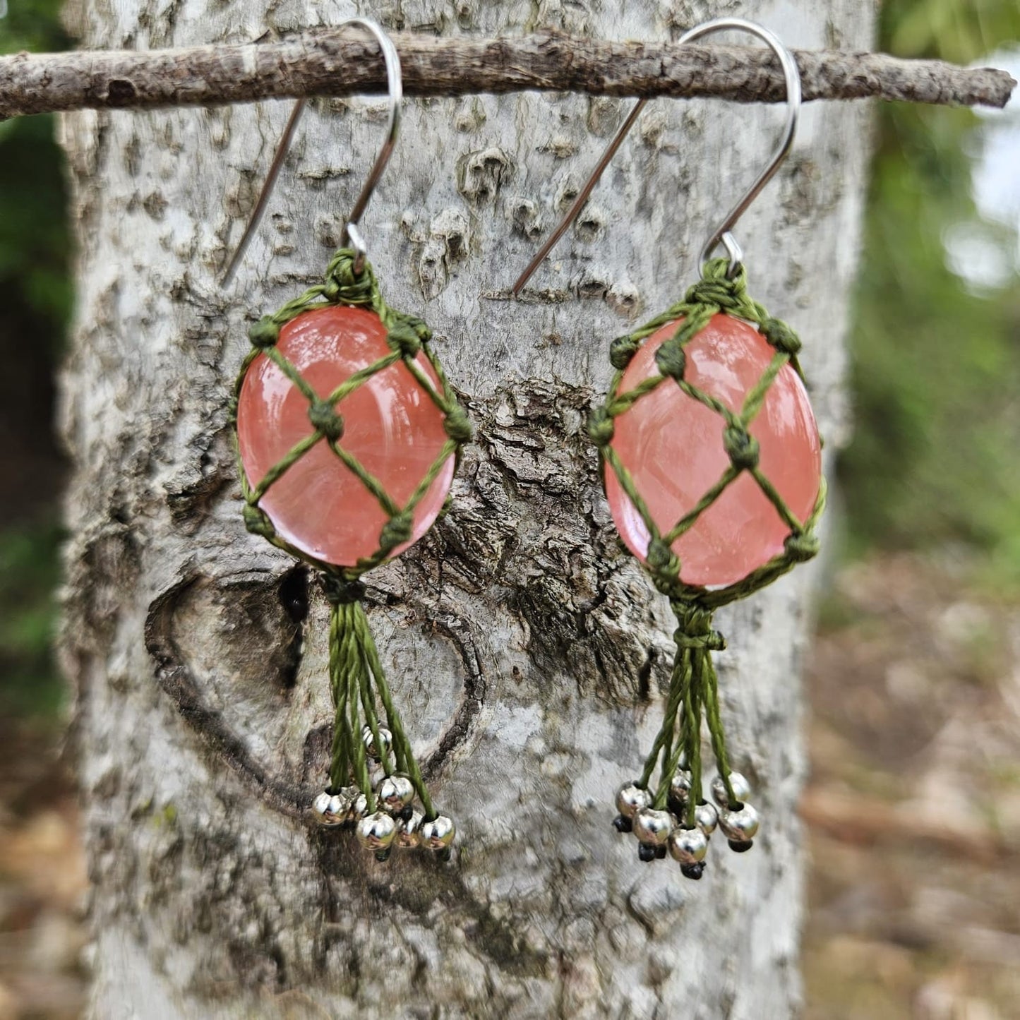Strawberry quartz crystal macrame earrings