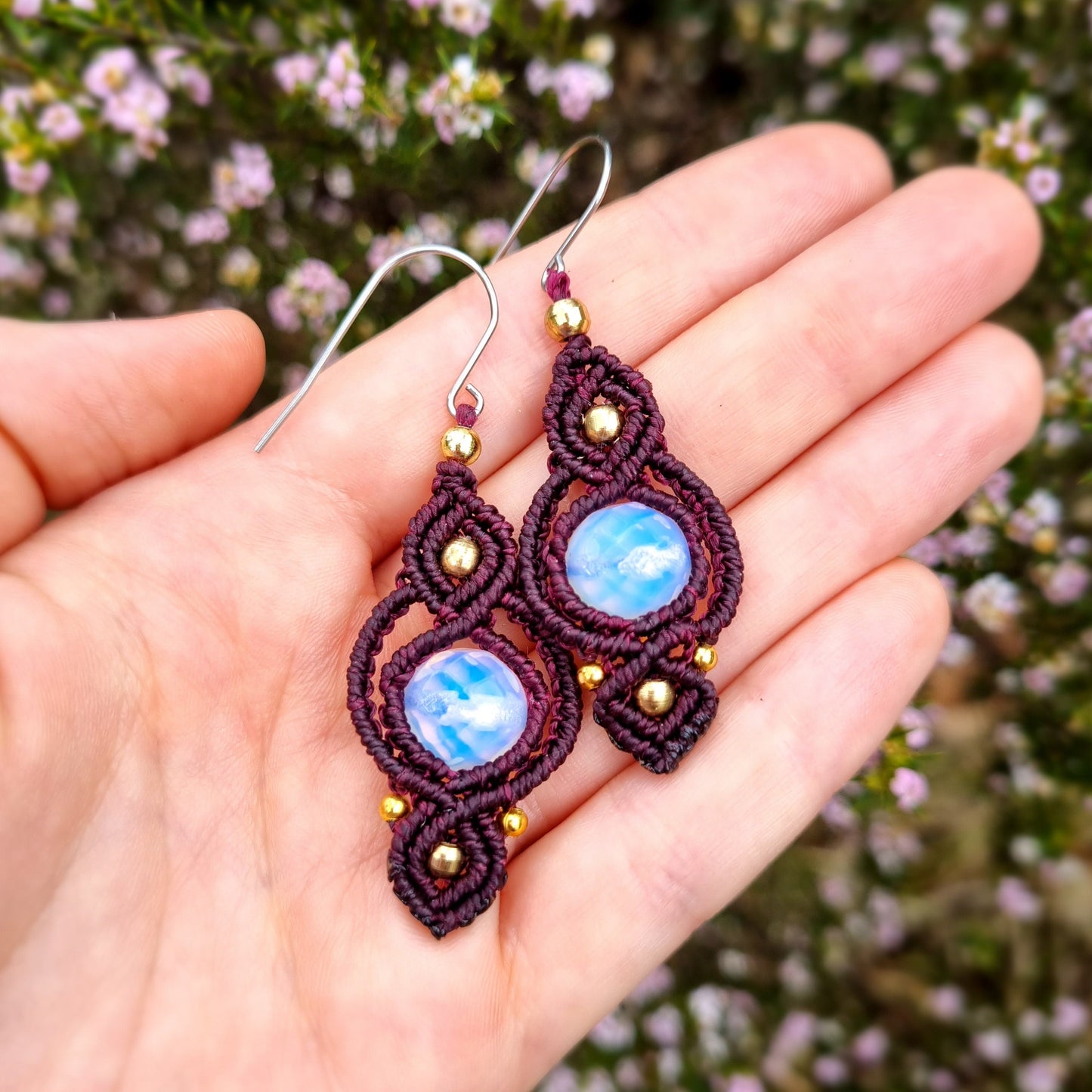 Handmade macrame earrings, deep red with rainbow Opalite beads