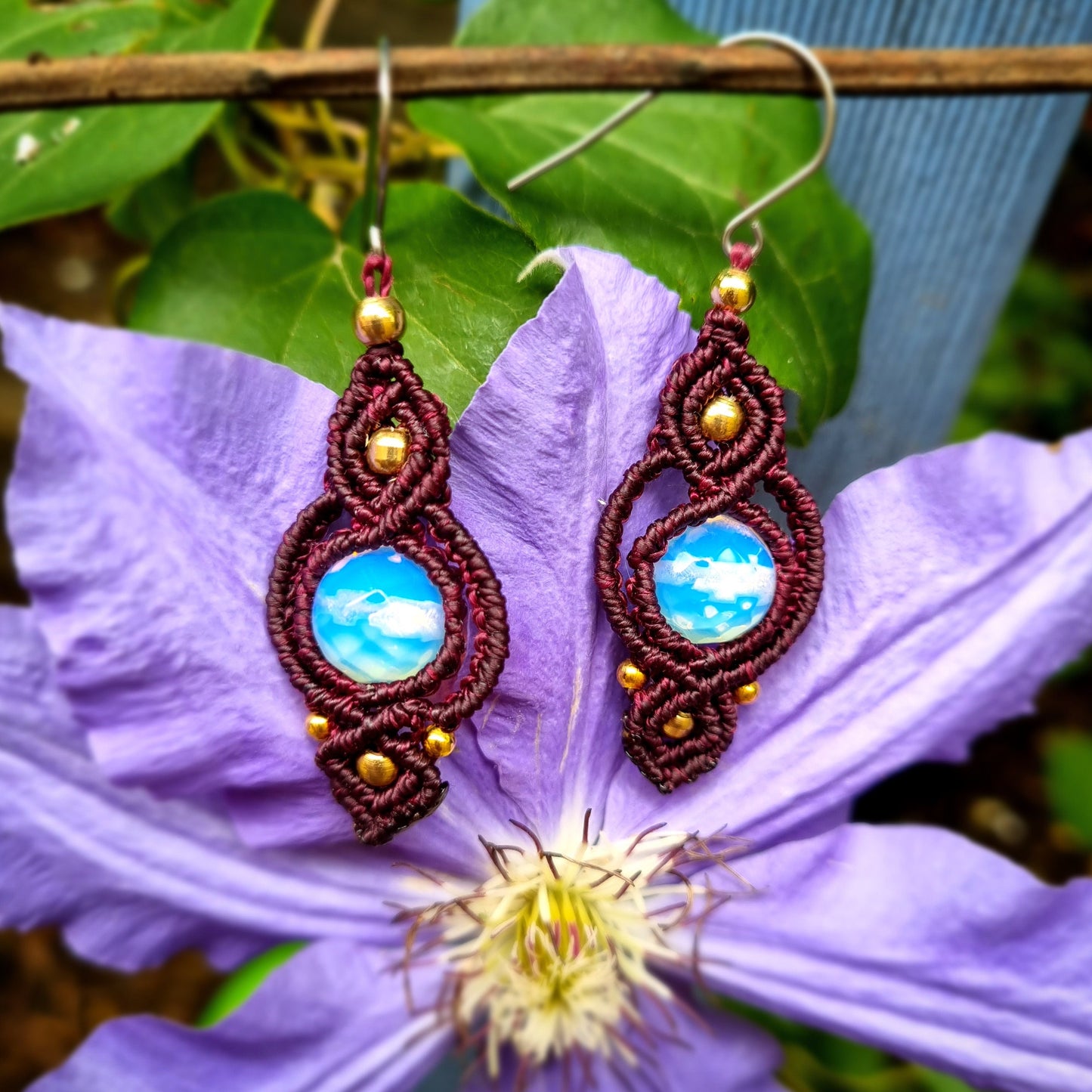 Handmade macrame earrings, deep red with rainbow Opalite beads