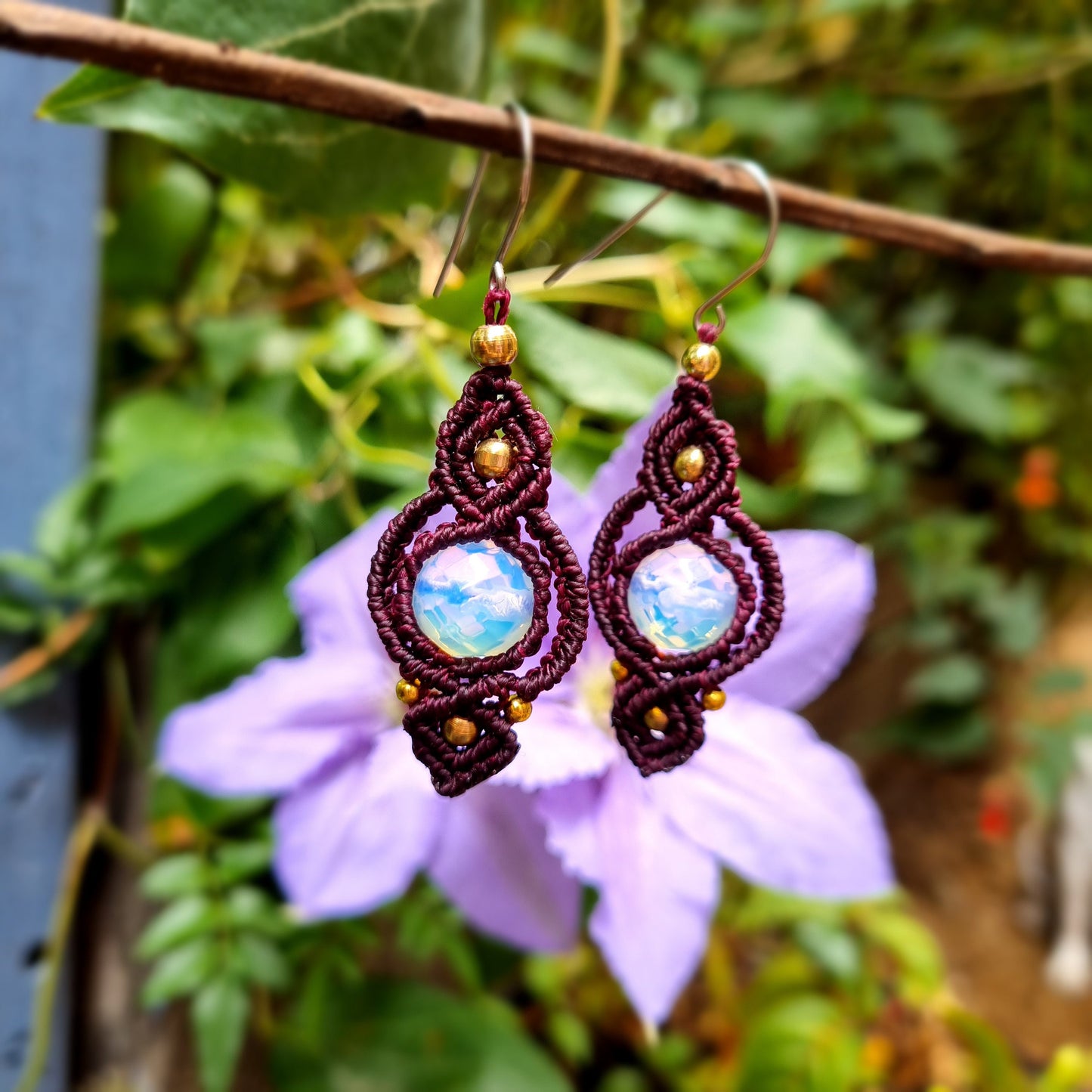 Handmade macrame earrings, deep red with rainbow Opalite beads