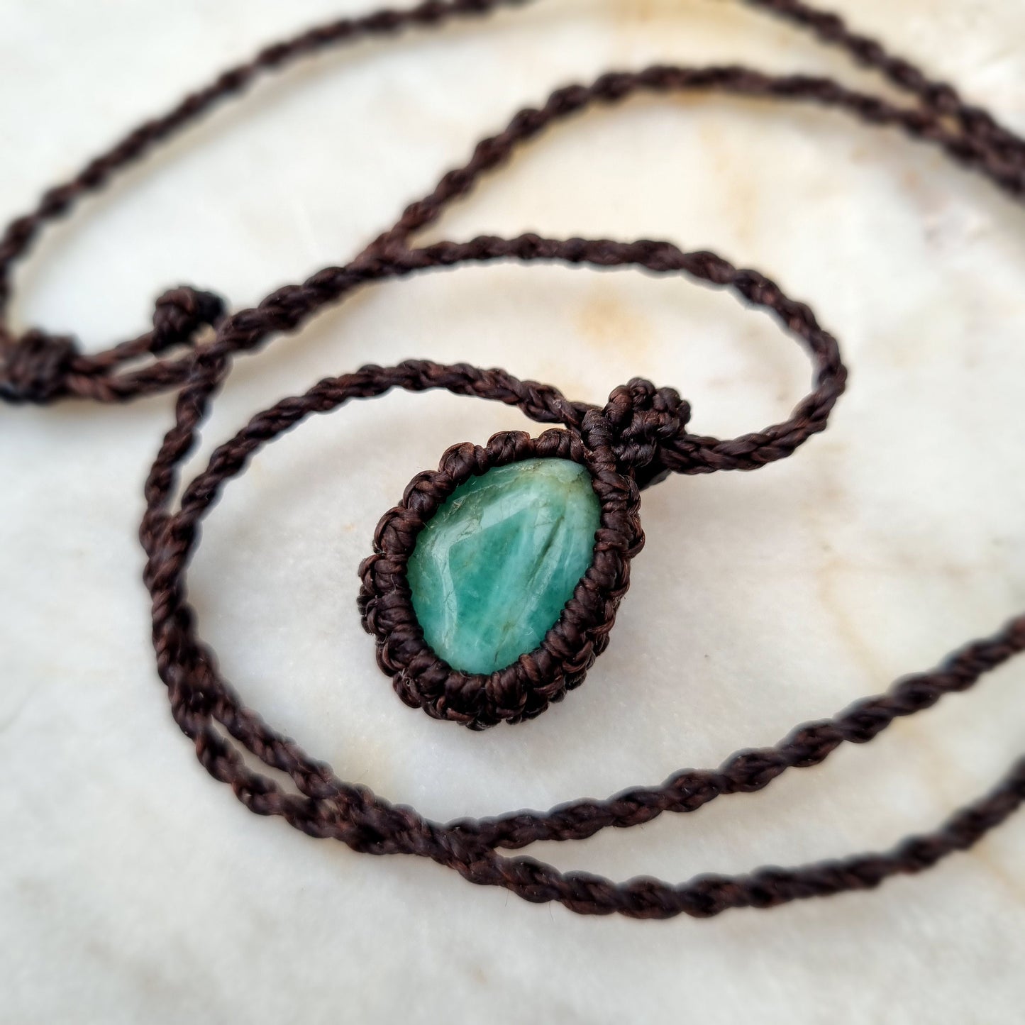 Small green chrysoprase gemstone macrame necklace