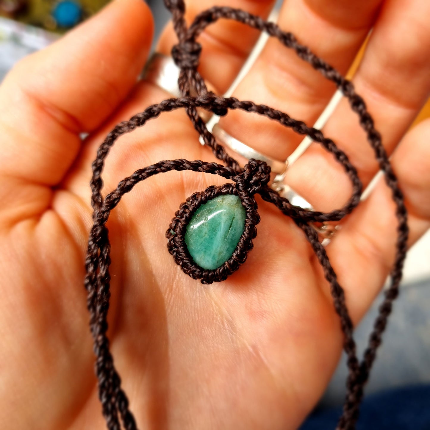 Small green chrysoprase gemstone macrame necklace