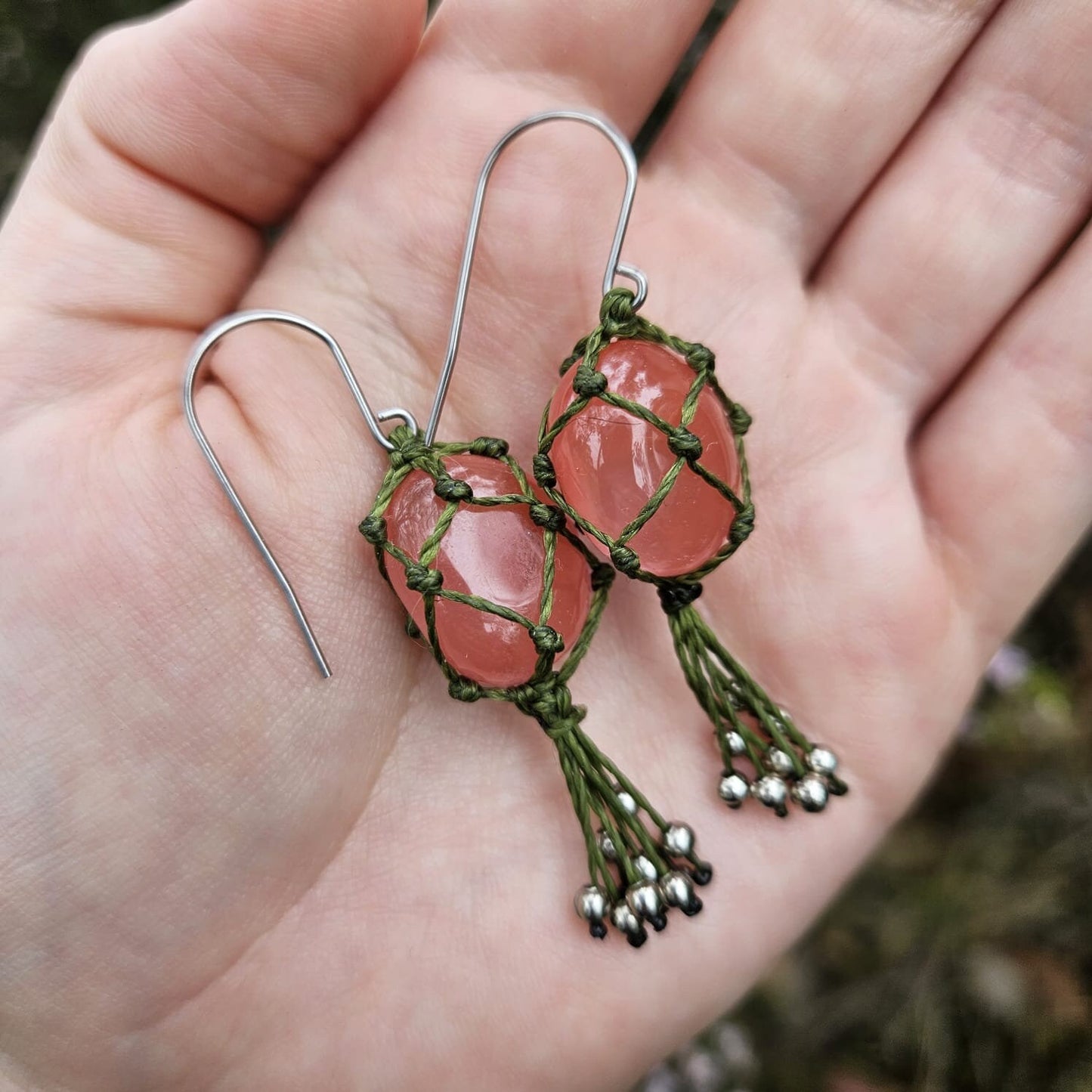Strawberry quartz crystal macrame earrings