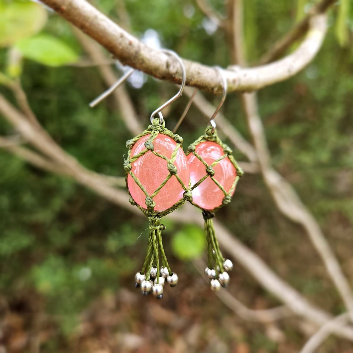 Strawberry quartz crystal macrame earrings