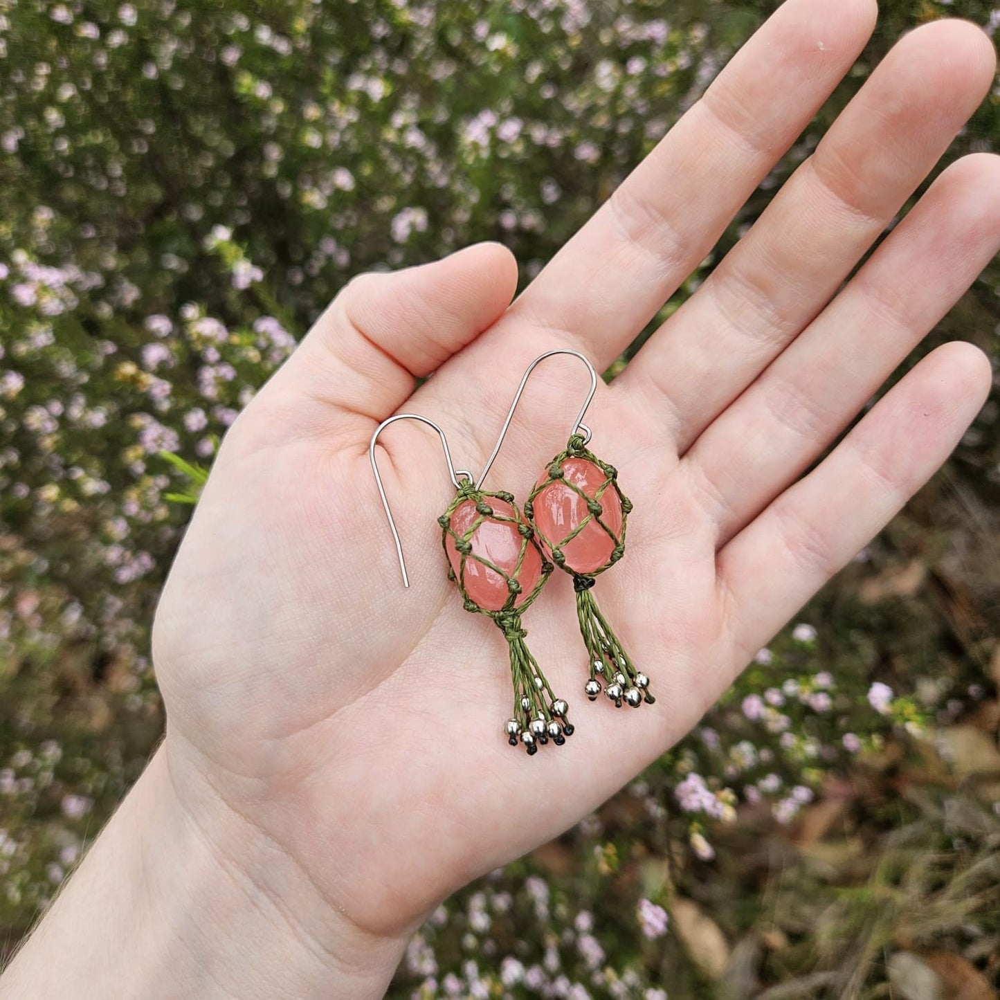Strawberry quartz crystal macrame earrings