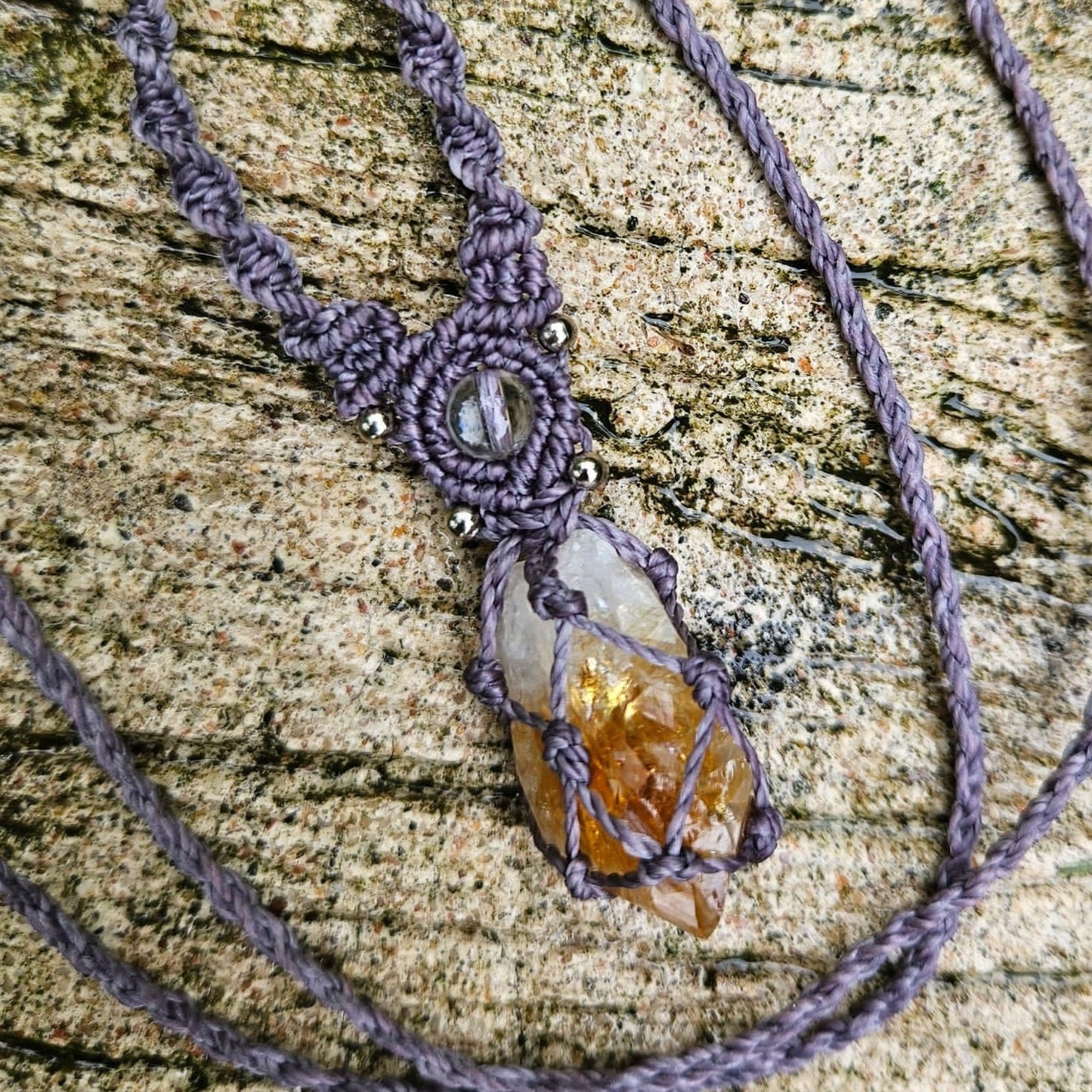 Rough citrine point crystal macrame necklace with dusty purple cord