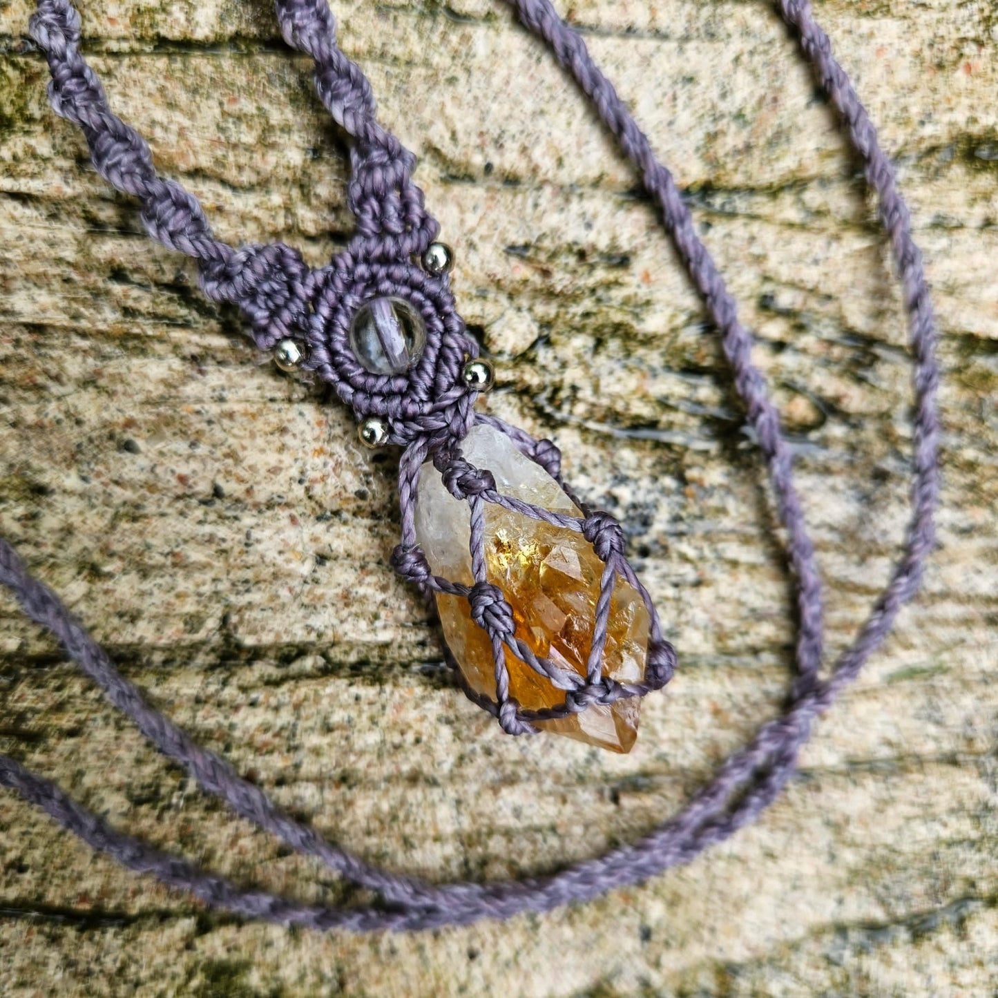 Rough citrine point crystal macrame necklace with dusty purple cord
